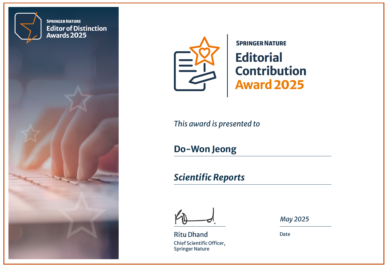 Springer Nature Editor of Distinction Award 수상(식품영양학과 정도원 교수)